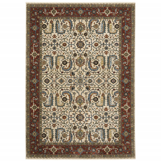 3' X 5' Ivory Red Green Grey Blue And Navy Oriental Power Loom Stain Resistant Area Rug With Fringe