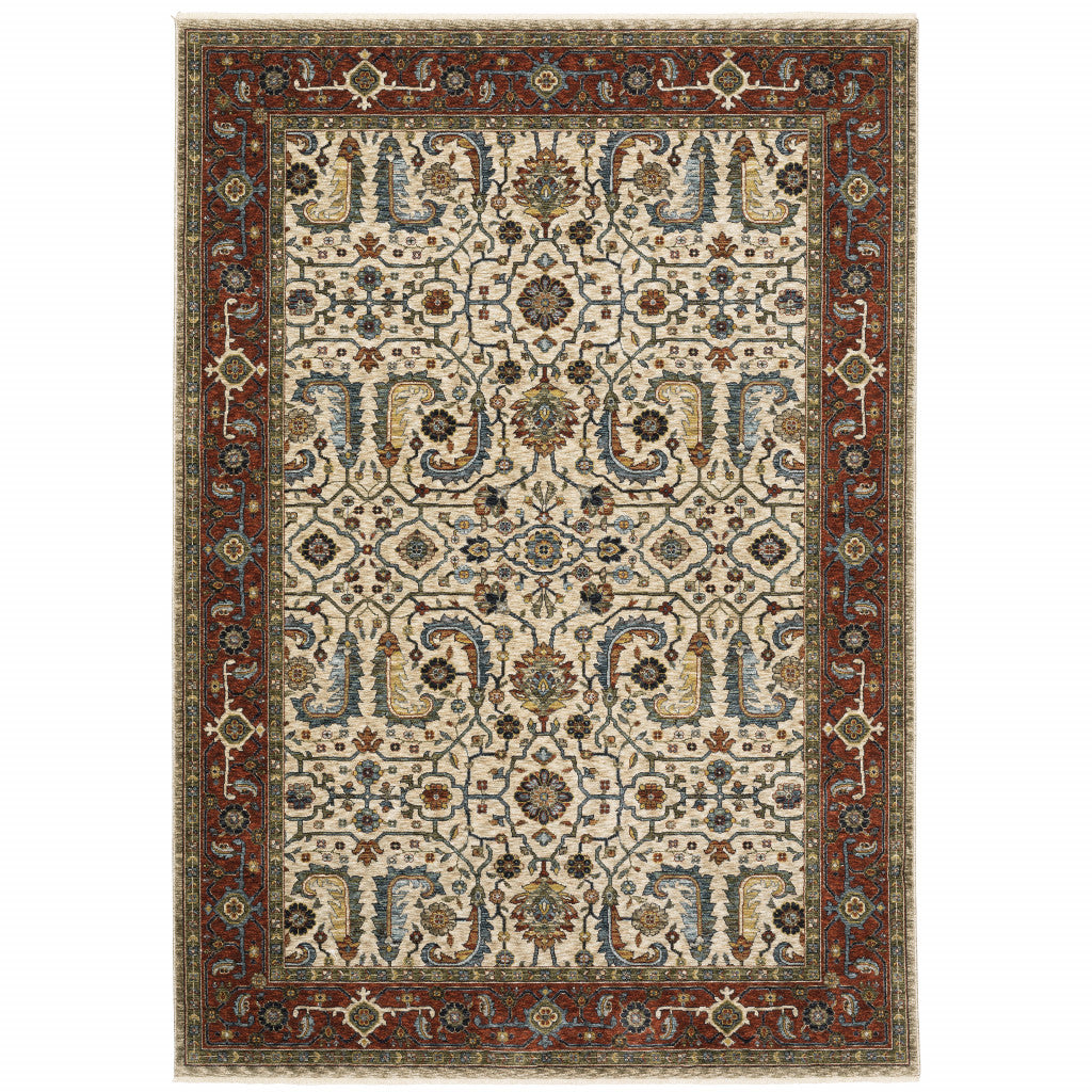 5' X 8' Ivory Red Green Grey Blue And Navy Oriental Power Loom Stain Resistant Area Rug With Fringe