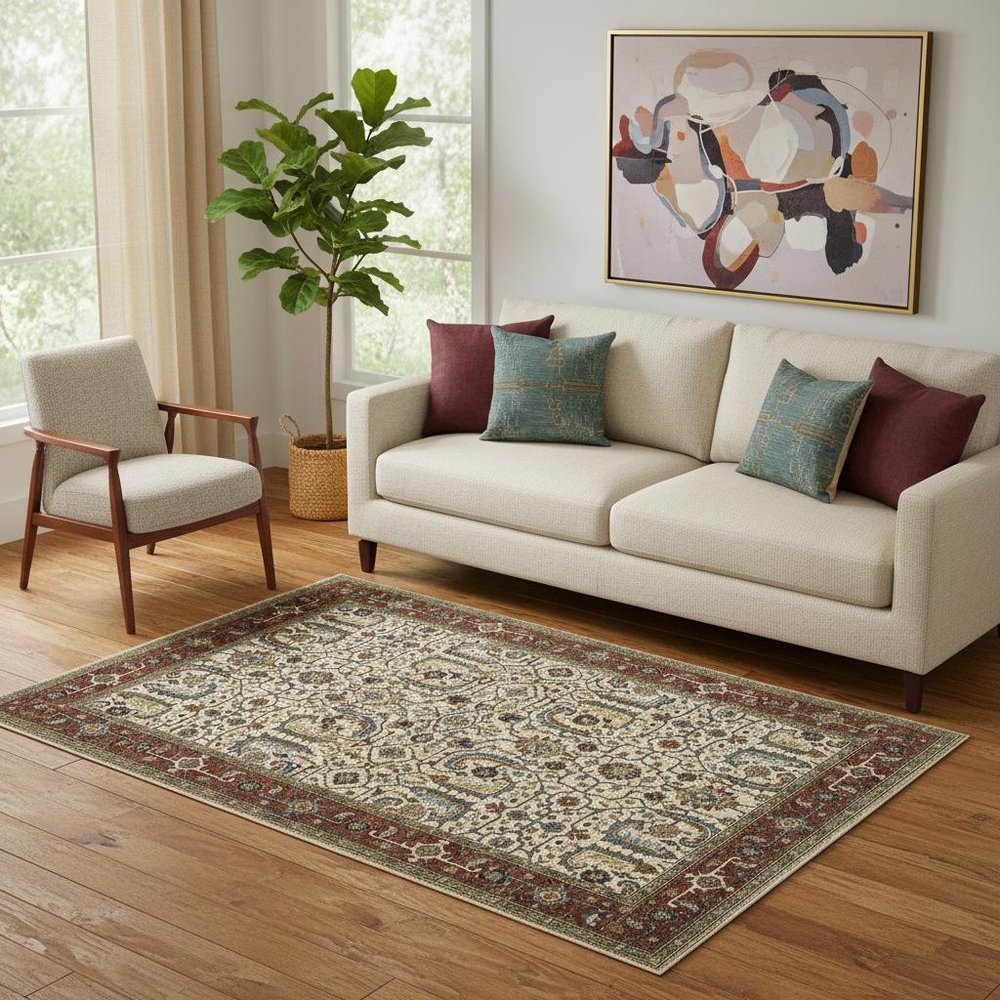 5' X 8' Ivory Red Green Grey Blue And Navy Oriental Power Loom Stain Resistant Area Rug With Fringe