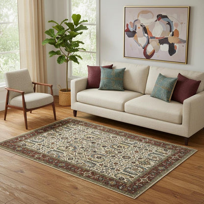 5' X 8' Ivory Red Green Grey Blue And Navy Oriental Power Loom Stain Resistant Area Rug With Fringe