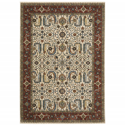 6' X 9' Ivory Red Green Grey Blue And Navy Oriental Power Loom Stain Resistant Area Rug With Fringe