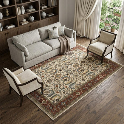 7' X 10' Ivory And Red Oriental Area Rug With Fringe