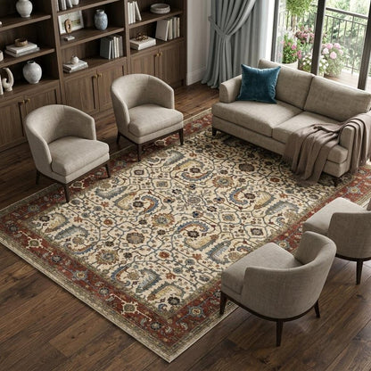 7' X 10' Ivory And Red Oriental Area Rug With Fringe