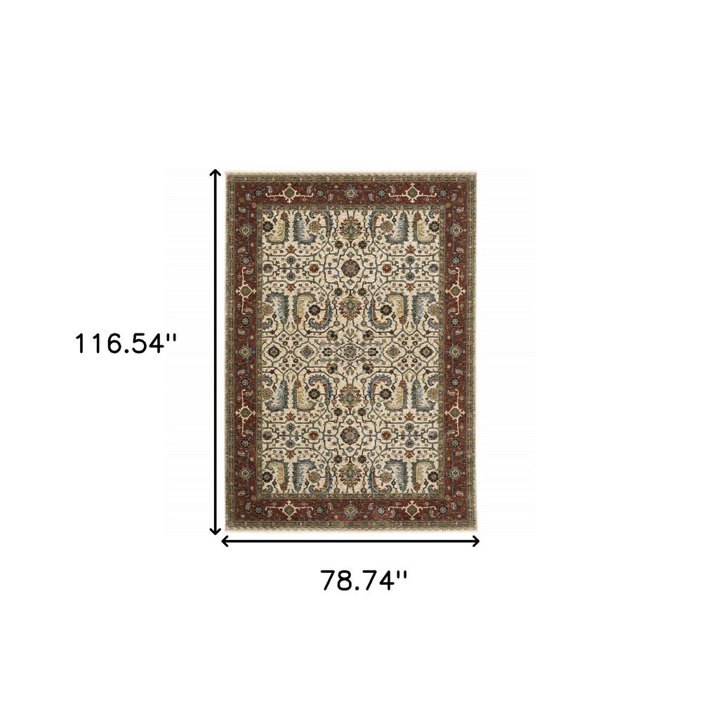 7' X 10' Ivory And Red Oriental Area Rug With Fringe