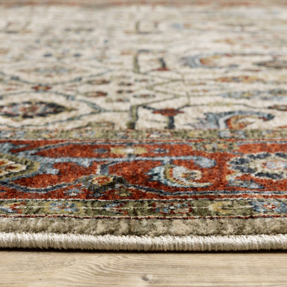 7' X 10' Ivory And Red Oriental Area Rug With Fringe