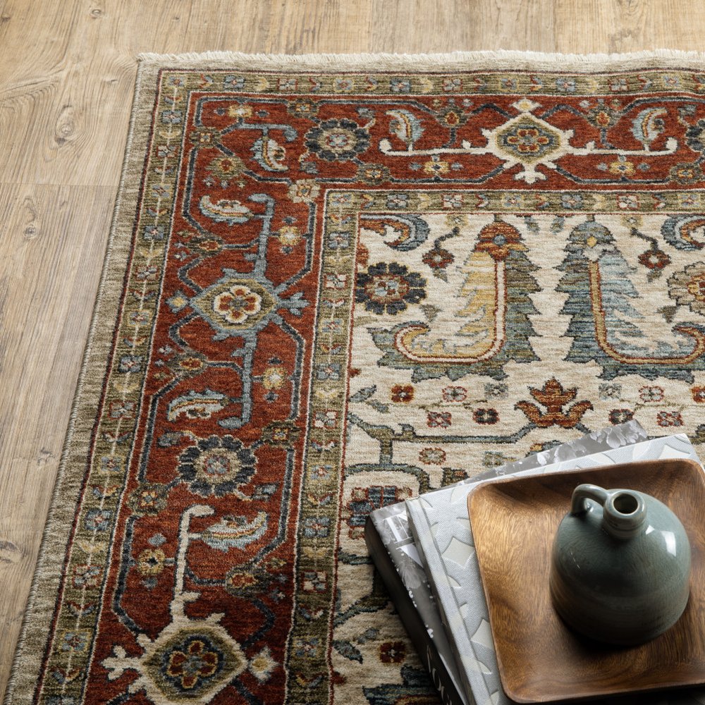 7' X 10' Ivory And Red Oriental Area Rug With Fringe