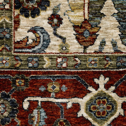 7' X 10' Ivory And Red Oriental Area Rug With Fringe