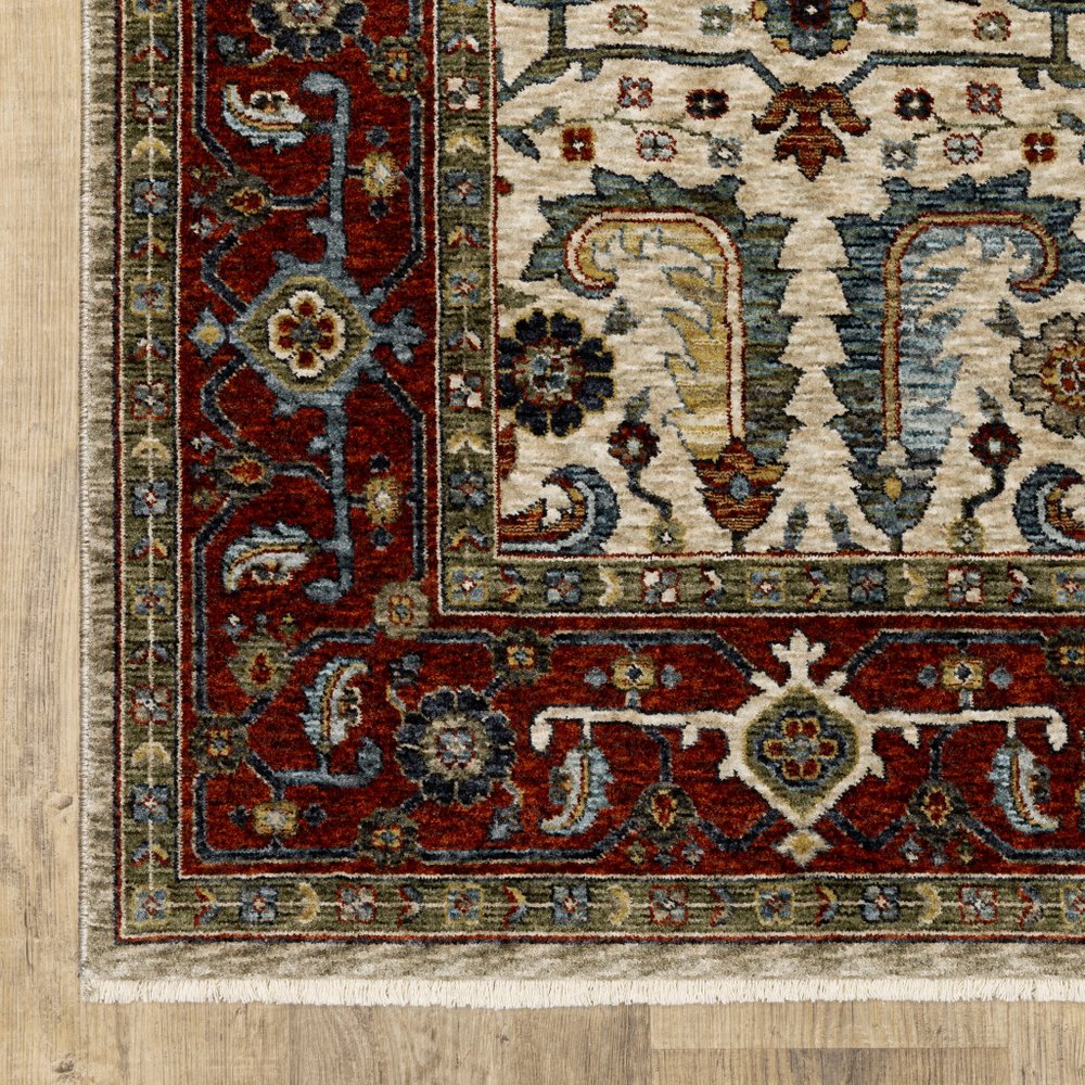 7' X 10' Ivory And Red Oriental Area Rug With Fringe