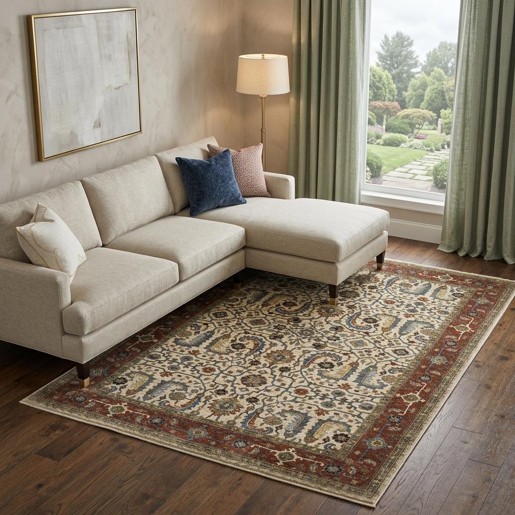 8' X 11' Ivory And Red Oriental Area Rug With Fringe