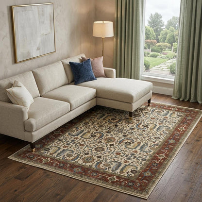 8' X 11' Ivory And Red Oriental Area Rug With Fringe