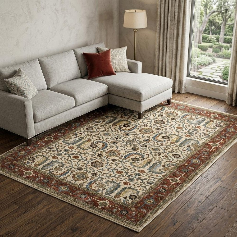 8' X 11' Ivory And Red Oriental Area Rug With Fringe