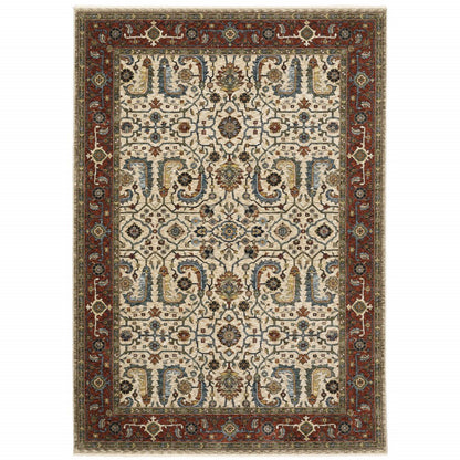 8' X 11' Ivory And Red Oriental Area Rug With Fringe
