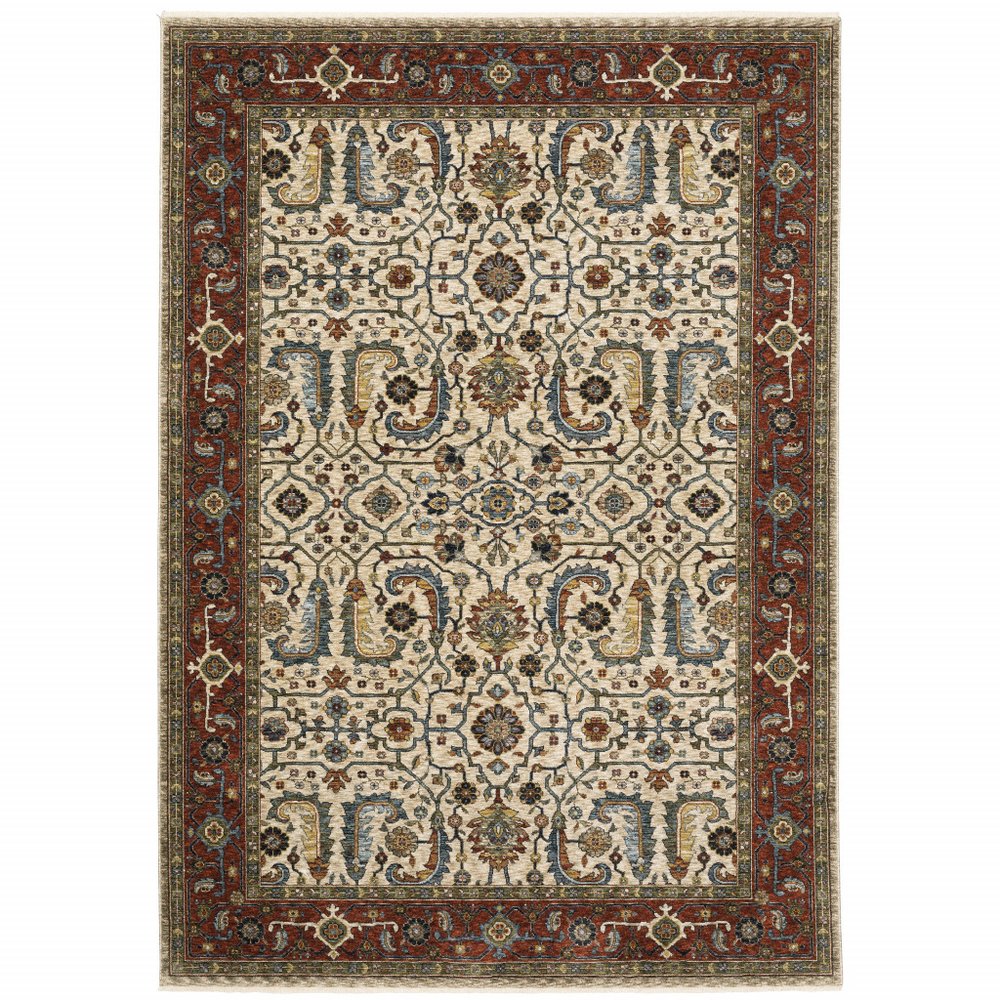 8' X 11' Ivory And Red Oriental Area Rug With Fringe