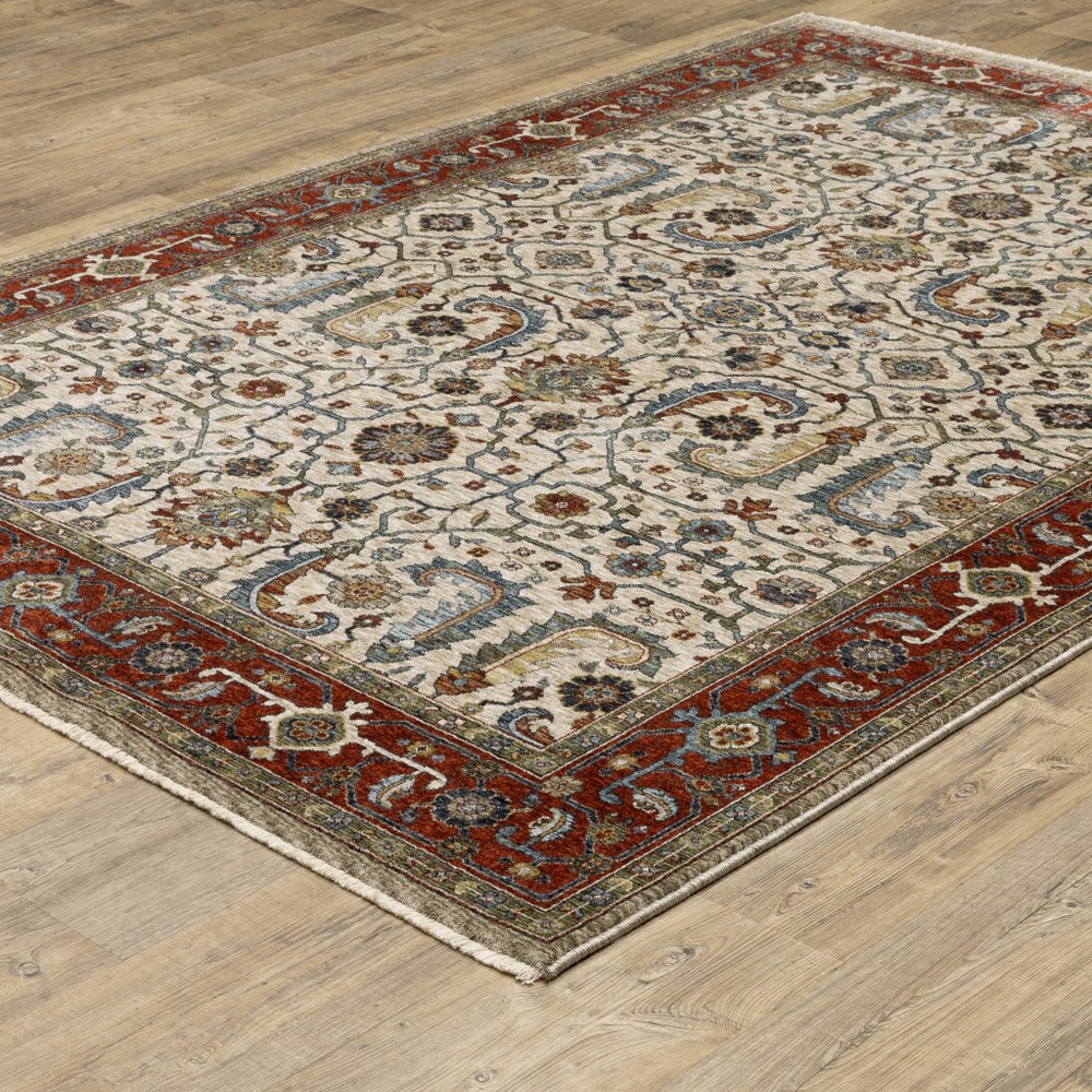 8' X 11' Ivory And Red Oriental Area Rug With Fringe