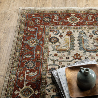 8' X 11' Ivory And Red Oriental Area Rug With Fringe