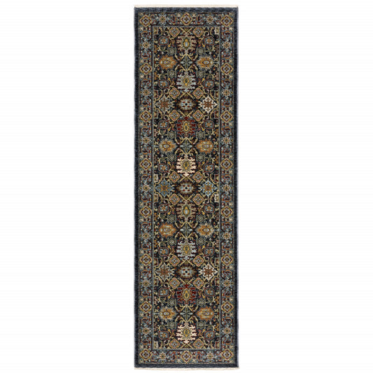 2' X 8' Blue And Beige Oriental Power Loom Runner Rug With Fringe