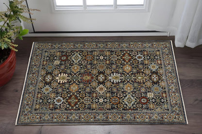 2' X 3' Blue Red Beige Orange Green And Rust Oriental Power Loom Stain Resistant Area Rug With Fringe