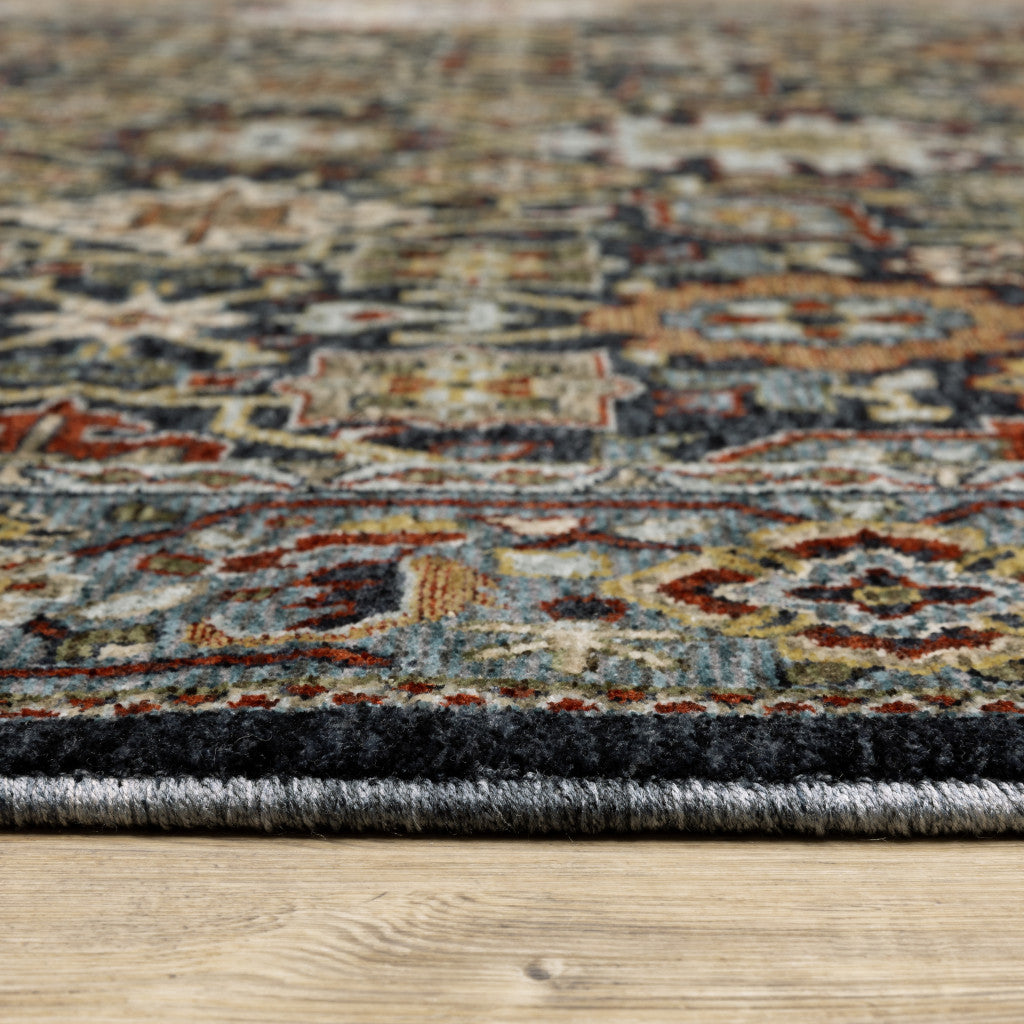 7' X 10' Blue and Beige Oriental Power Loom Area Rug With Fringe