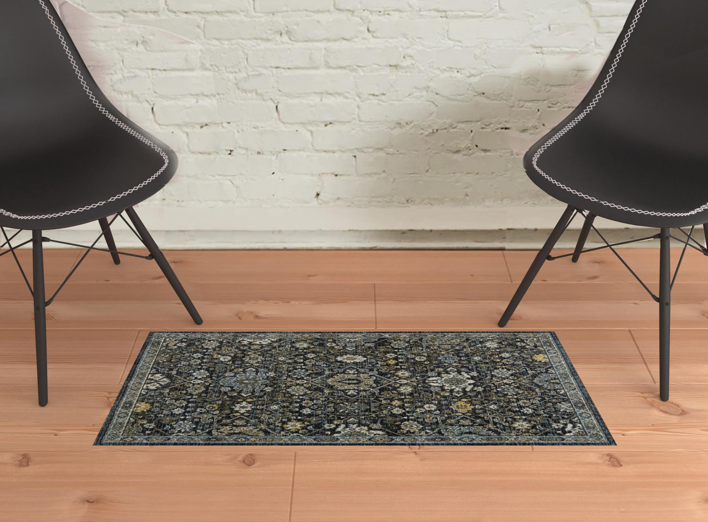 2' X 3' Blue Ivory Grey Gold Green And Brown Oriental Power Loom Stain Resistant Area Rug With Fringe