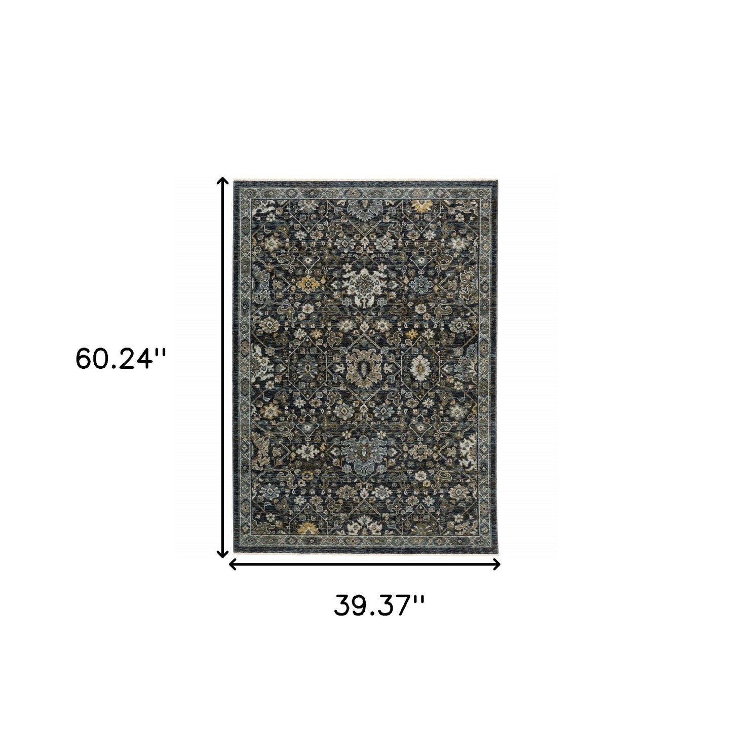 3' X 5' Blue Ivory Grey Gold Green And Brown Oriental Power Loom Stain Resistant Area Rug With Fringe