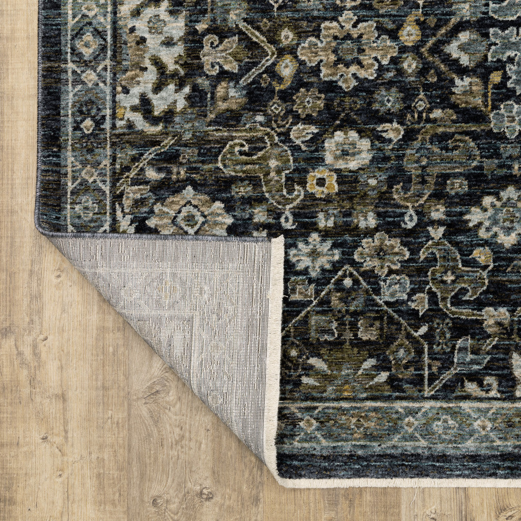 5' X 8' Blue Ivory Grey Gold Green And Brown Oriental Power Loom Stain Resistant Area Rug With Fringe