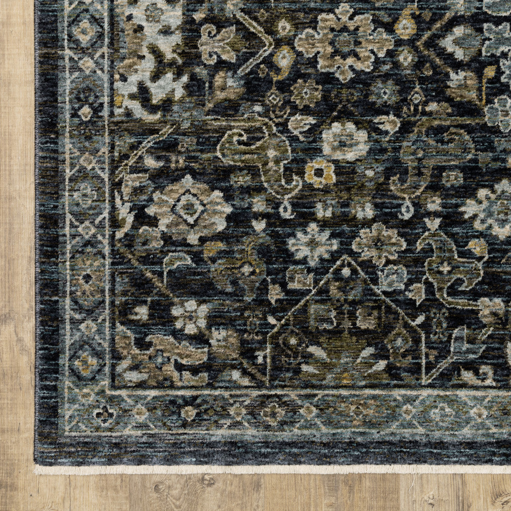 5' X 8' Blue Ivory Grey Gold Green And Brown Oriental Power Loom Stain Resistant Area Rug With Fringe