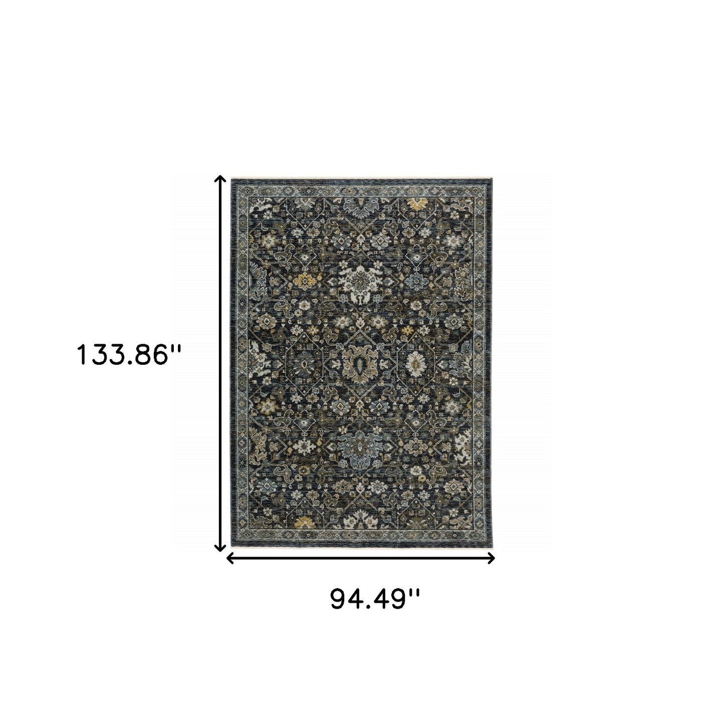 8' X 11' Blue Ivory Grey Gold Green And Brown Oriental Power Loom Stain Resistant Area Rug With Fringe