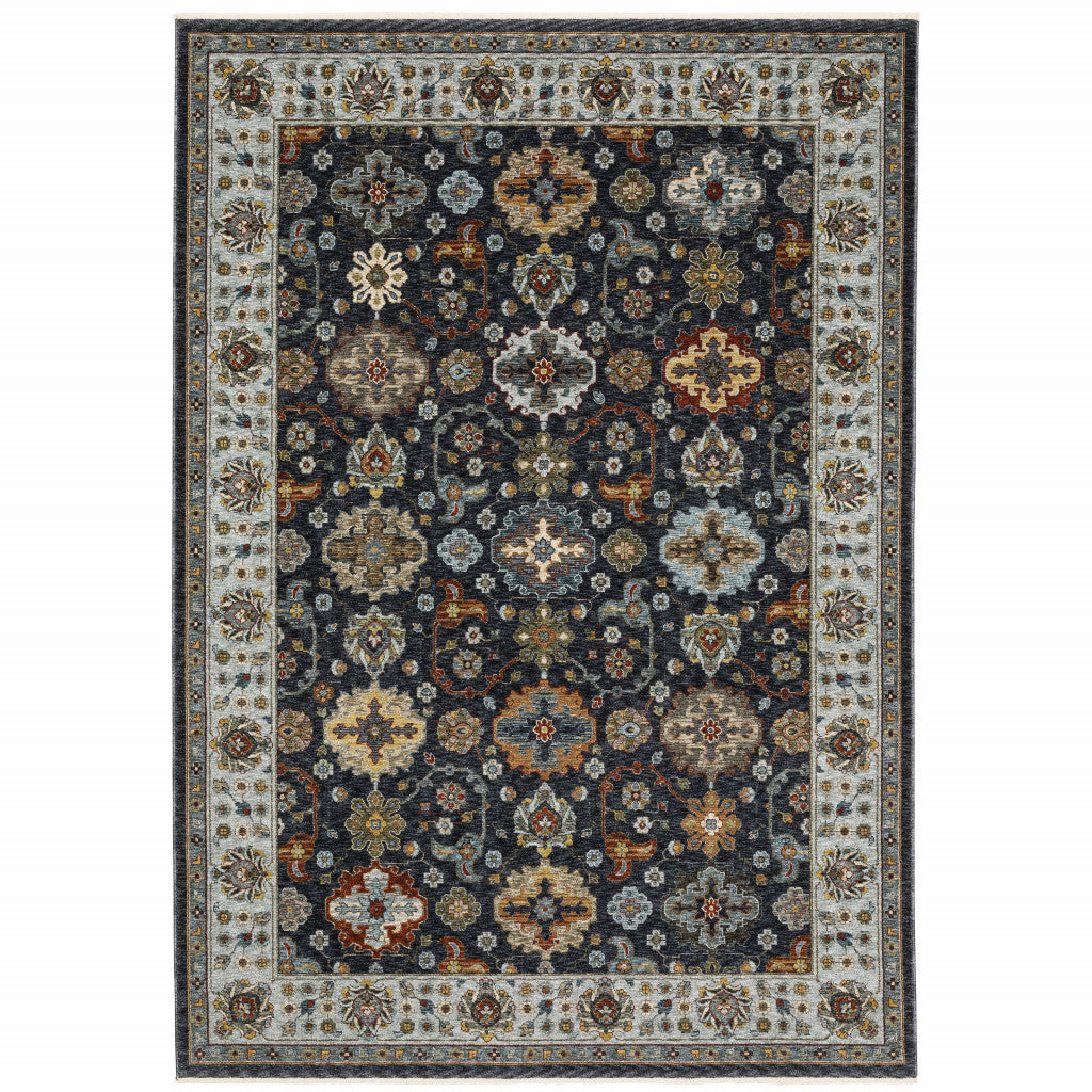 5' X 8' Blue Red Beige Yellow Grey Rust And Gold Oriental Power Loom Stain Resistant Area Rug With Fringe