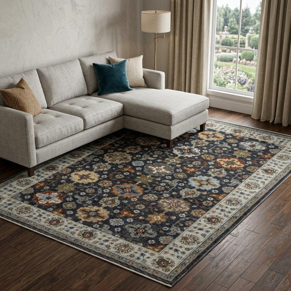7' X 10' Blue And Beige Oriental Area Rug With Fringe