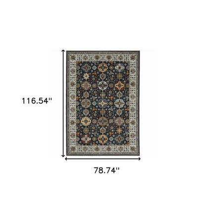 7' X 10' Blue And Beige Oriental Area Rug With Fringe