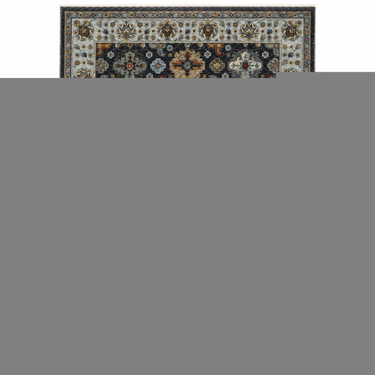 7' X 10' Blue And Beige Oriental Area Rug With Fringe
