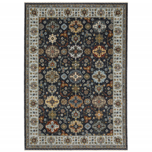 8' X 11' Blue Red Beige Yellow Grey Rust And Gold Oriental Power Loom Stain Resistant Area Rug With Fringe