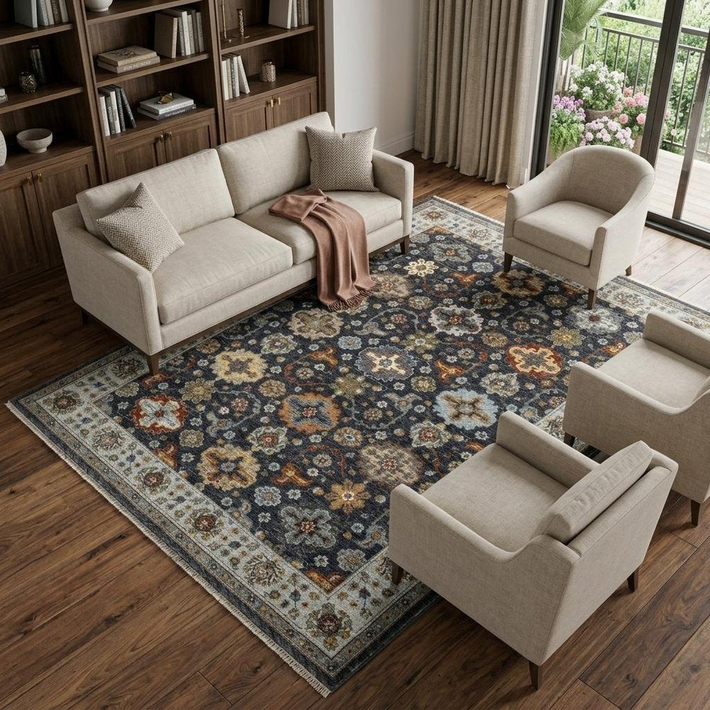 8' X 11' Blue And Beige Oriental Area Rug With Fringe
