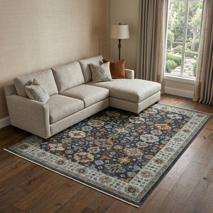 8' X 11' Blue And Beige Oriental Area Rug With Fringe