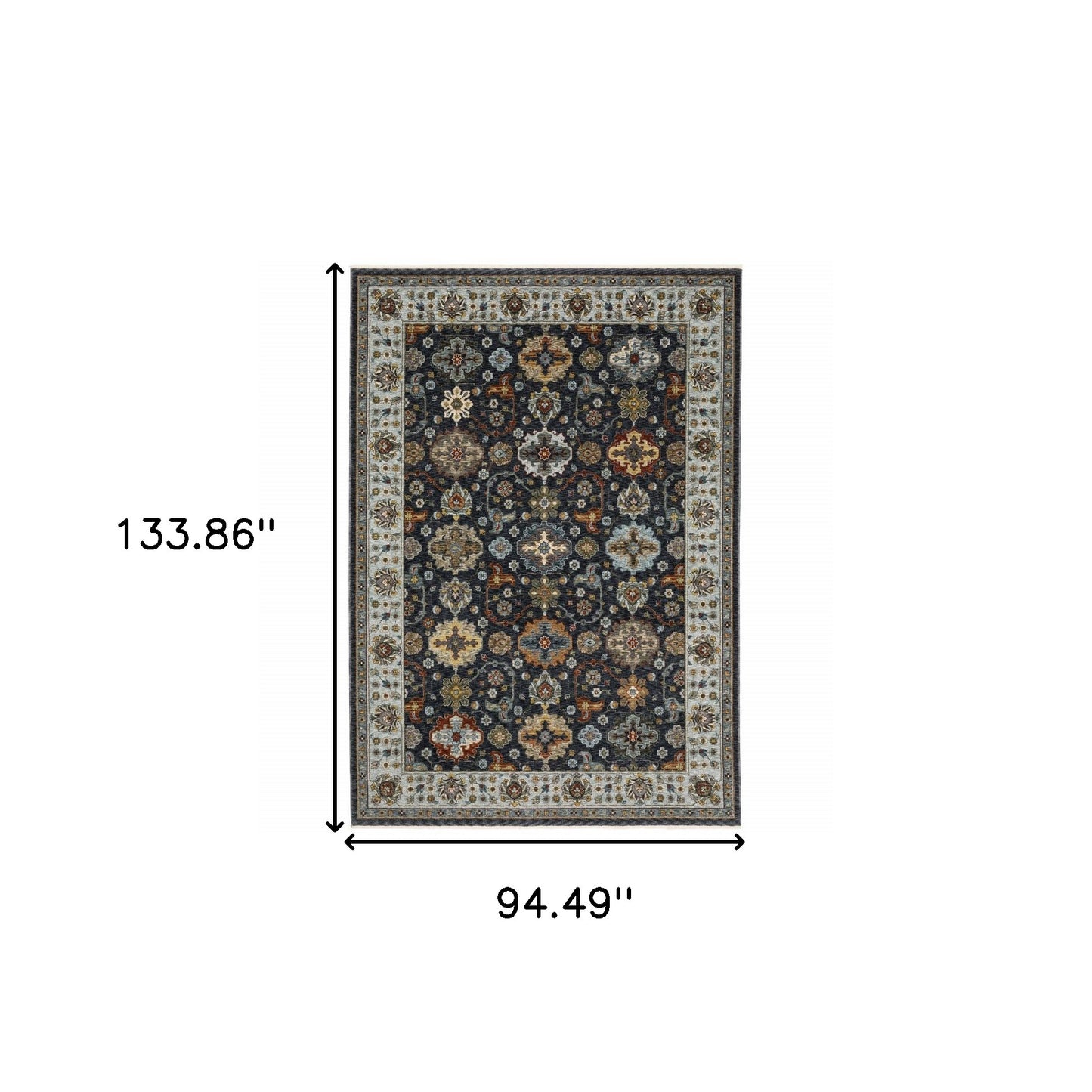 8' X 11' Blue Red Beige Yellow Grey Rust And Gold Oriental Power Loom Stain Resistant Area Rug With Fringe