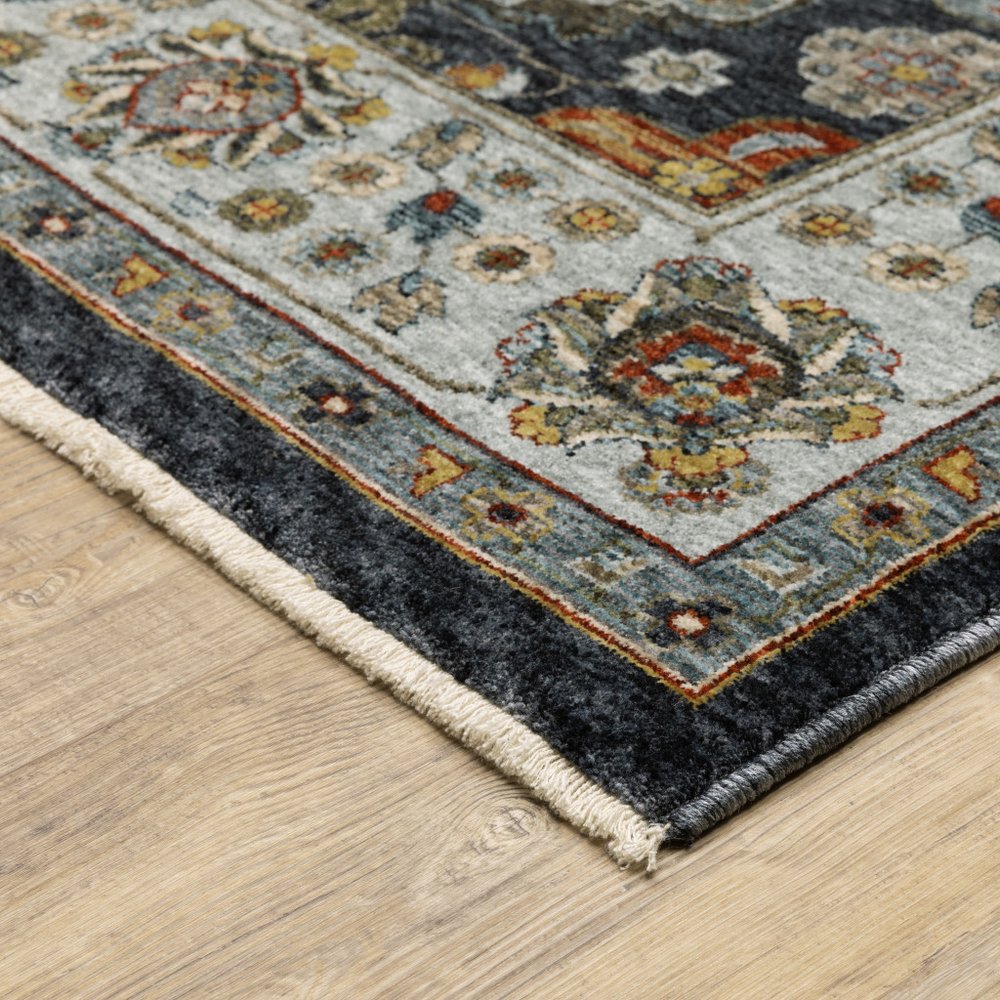 8' X 11' Blue And Beige Oriental Area Rug With Fringe