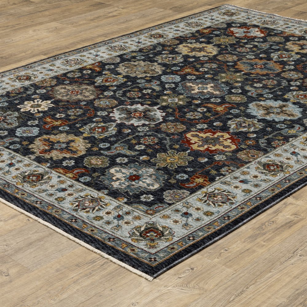 8' X 11' Blue And Beige Oriental Area Rug With Fringe