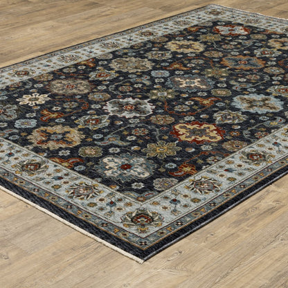 8' X 11' Blue And Beige Oriental Area Rug With Fringe