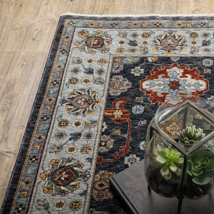8' X 11' Blue And Beige Oriental Area Rug With Fringe