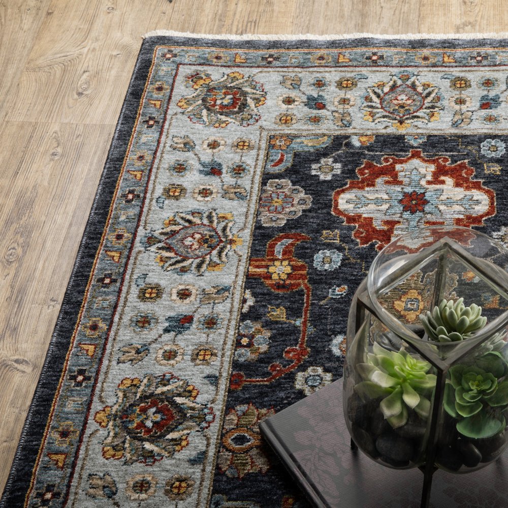 8' X 11' Blue And Beige Oriental Area Rug With Fringe