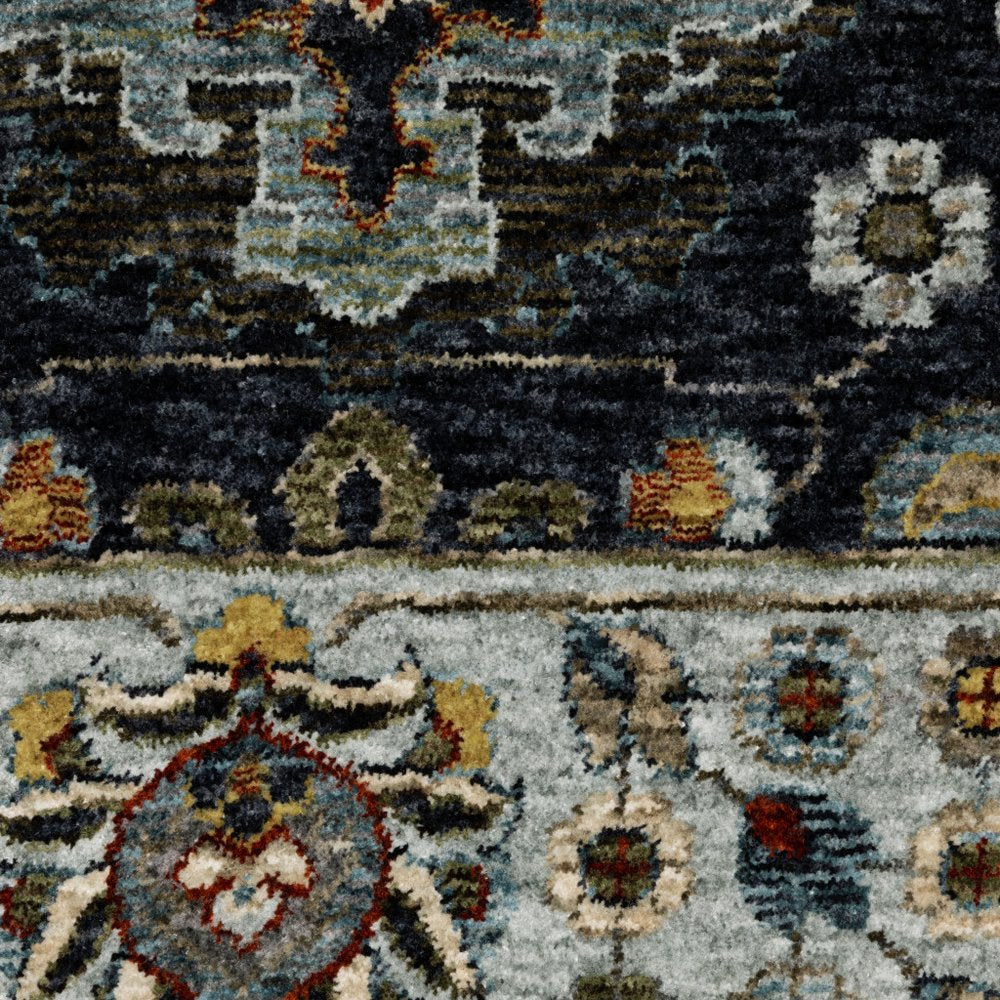 8' X 11' Blue And Beige Oriental Area Rug With Fringe