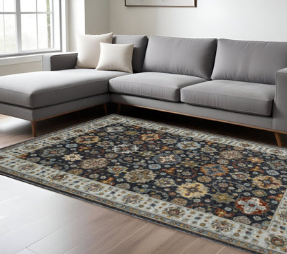 10' X 13' Blue Red Beige Yellow Grey Rust And Gold Oriental Power Loom Stain Resistant Area Rug With Fringe