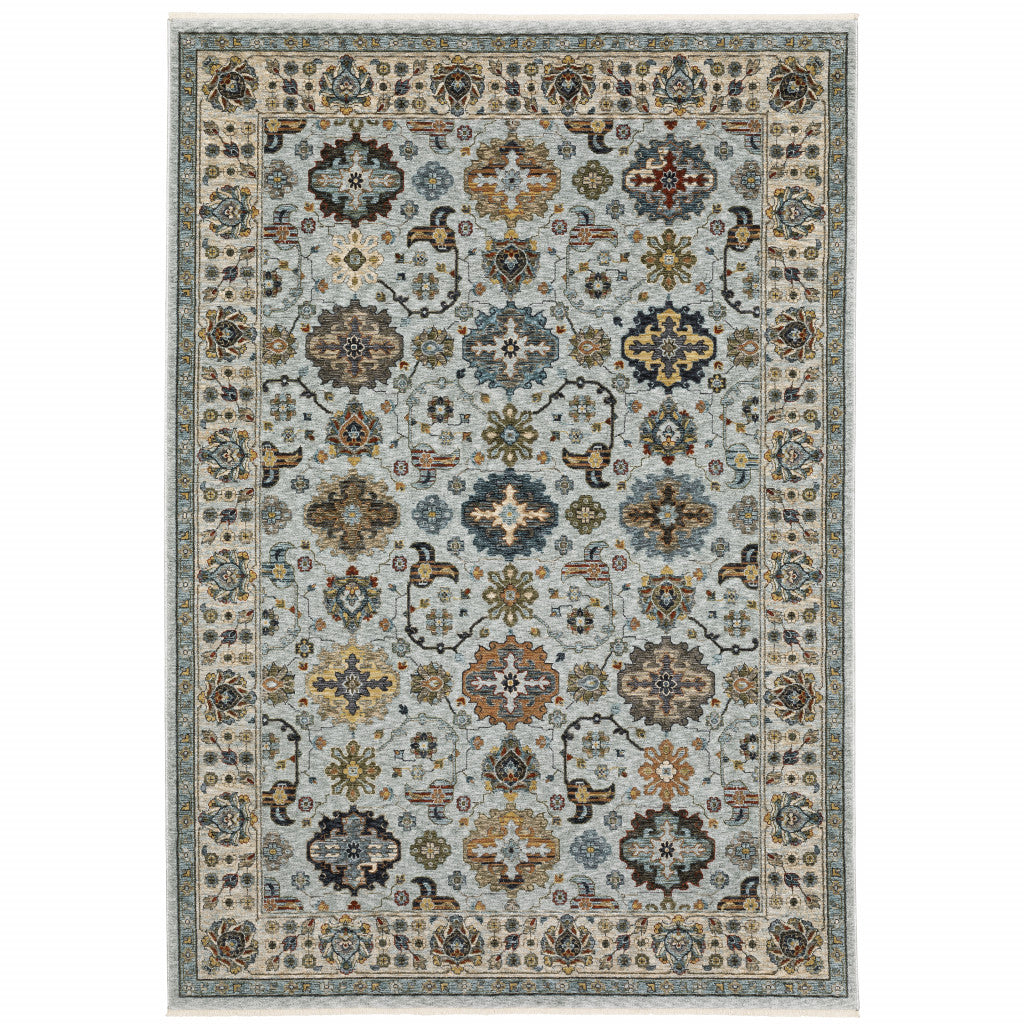 2' X 3' Blue Beige Grey Green Yellow And Rust Oriental Power Loom Stain Resistant Area Rug With Fringe