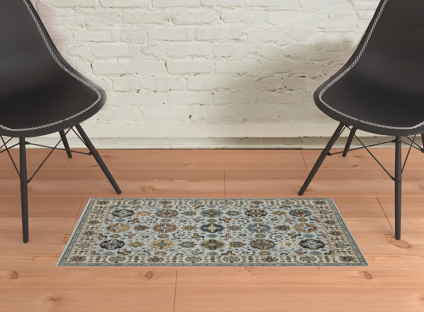 2' X 3' Blue Beige Grey Green Yellow And Rust Oriental Power Loom Stain Resistant Area Rug With Fringe