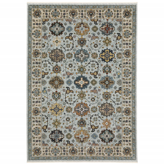 8' X 11' Blue Beige Grey Green Yellow And Rust Oriental Power Loom Stain Resistant Area Rug With Fringe