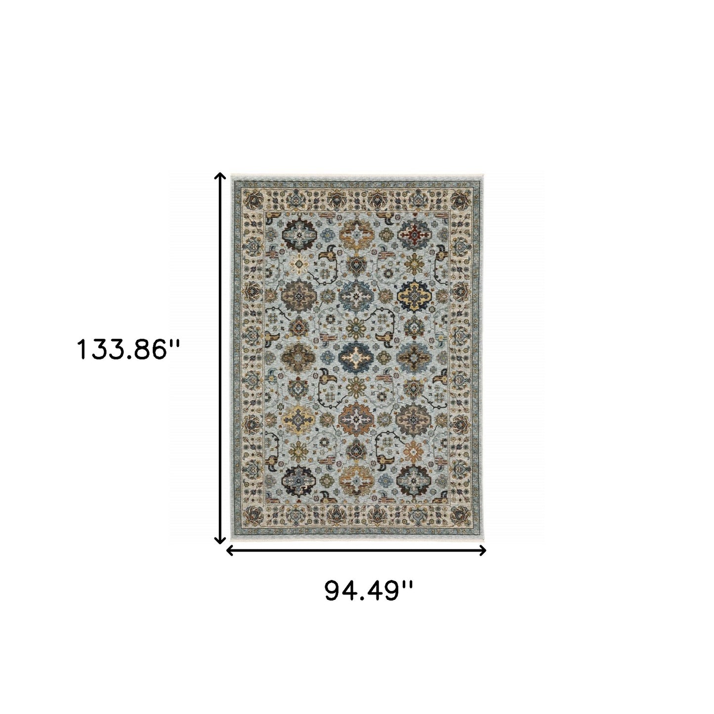 8' X 11' Blue Beige Grey Green Yellow And Rust Oriental Power Loom Stain Resistant Area Rug With Fringe