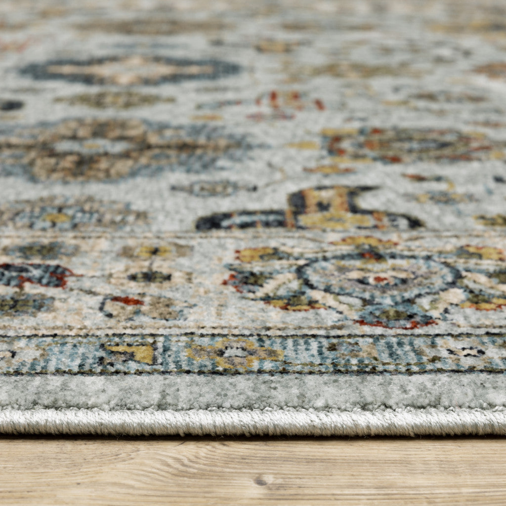 8' X 11' Blue Beige Grey Green Yellow And Rust Oriental Power Loom Stain Resistant Area Rug With Fringe