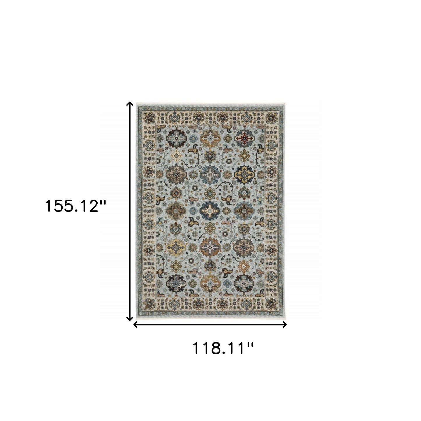 10' X 13' Blue Beige Grey Green Yellow And Rust Oriental Power Loom Stain Resistant Area Rug With Fringe