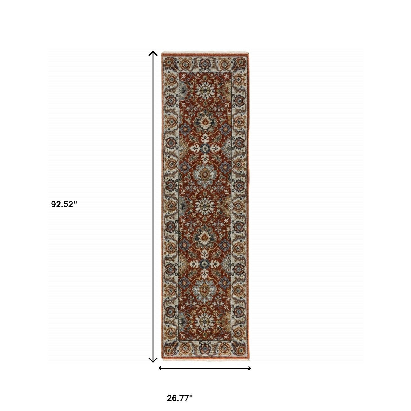 2' X 8' Red Blue Ivory Gold And Navy Oriental Power Loom Stain Resistant Runner Rug With Fringe