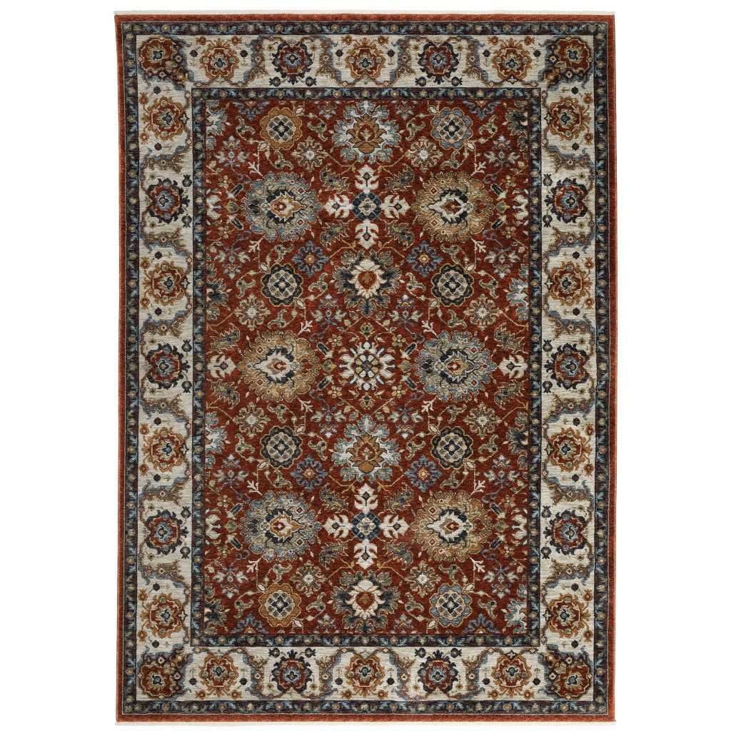2' X 3' Red Blue Ivory Gold And Navy Oriental Power Loom Stain Resistant Area Rug With Fringe
